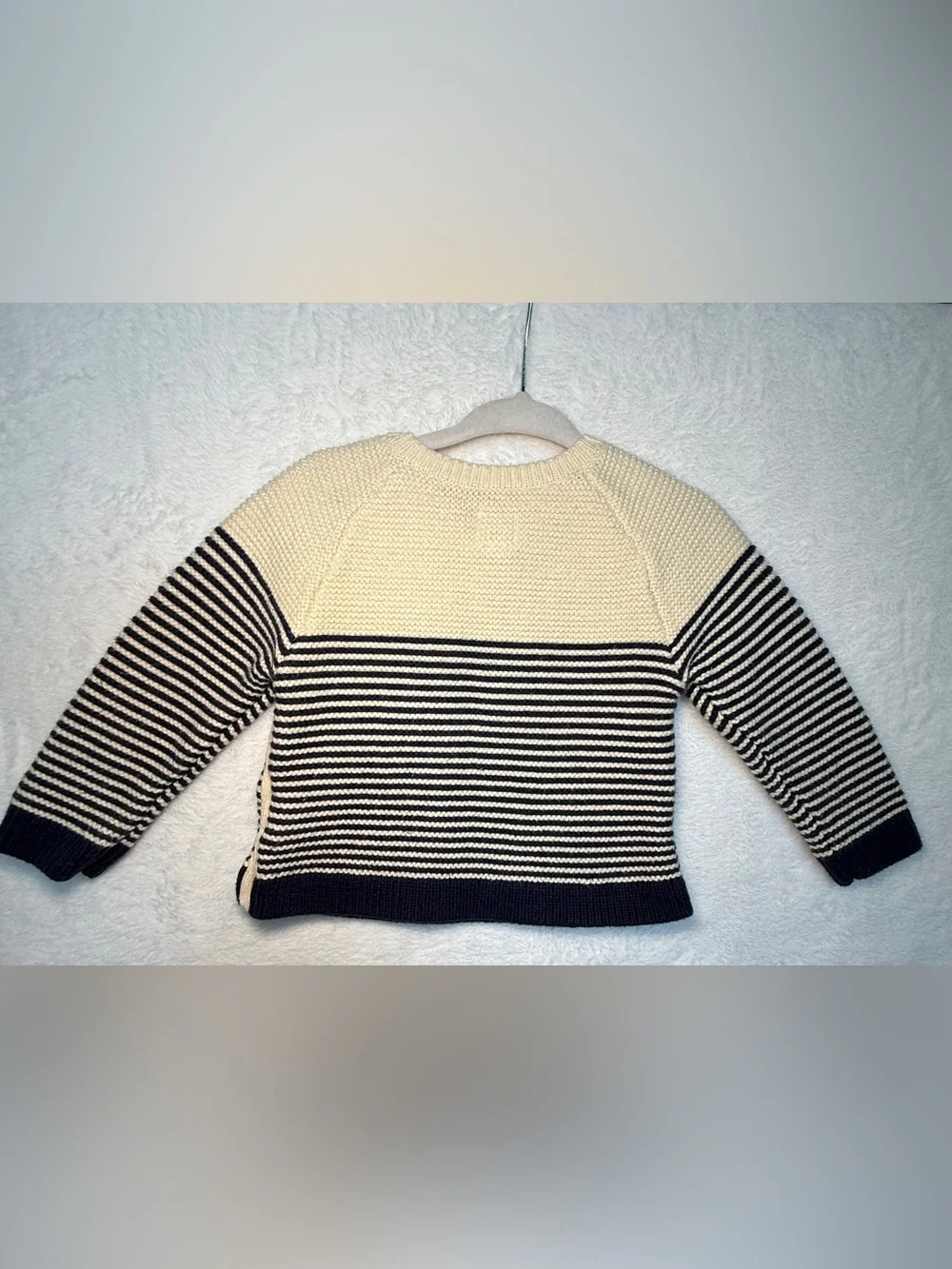 🤍 Baby Gap Navy & Cream Striped Button Sweater – 6–12M